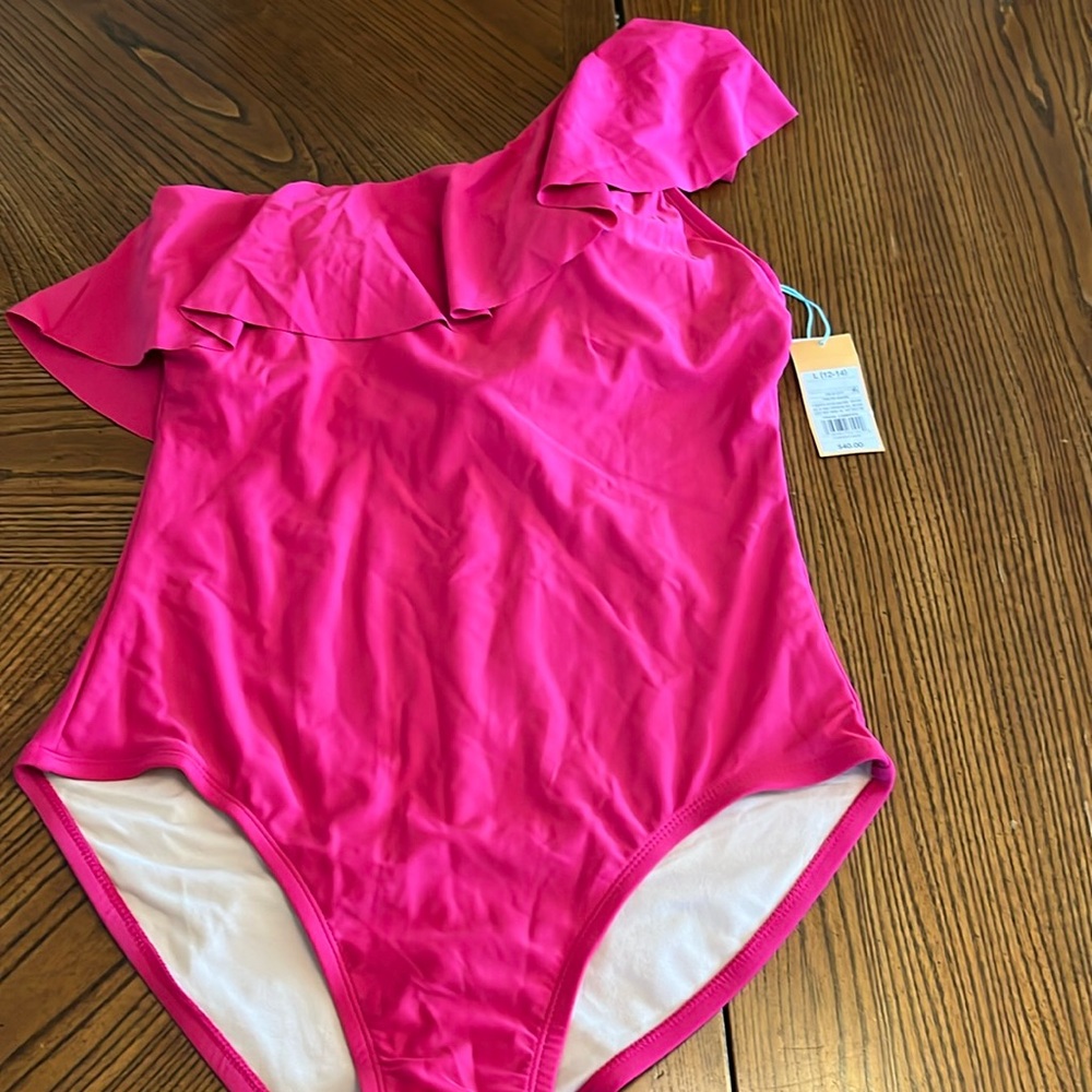 ONE SHOULDER PINK KONA SOL ONE PIECE SWIM SUIT WITH HIGH COVERAGE. NWT. SIZE LG